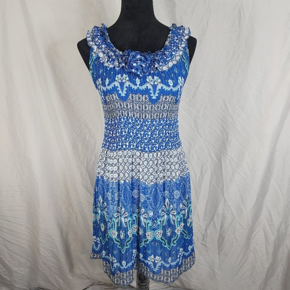 SUNNY LEIGH Size Small Blue Floral Sleeveless Pleated Rosette Ruffled Dress - Picture 2 of 11